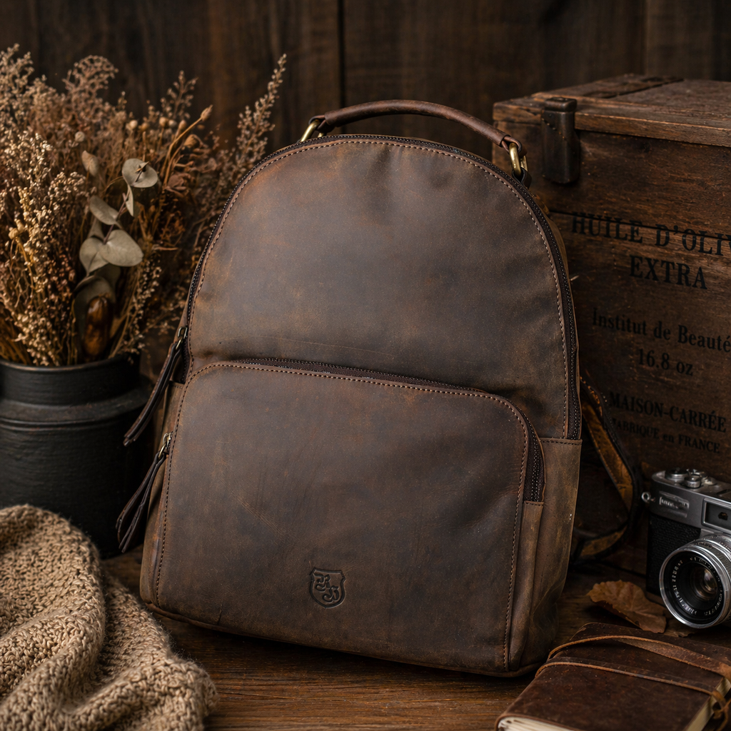 Brauner Lederrucksack mit zwei Trägern für den Weg durch die Stadt