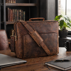 Umhängetasche aus Büffelleder mit gepolstertem Laptopfach und breitem Schulterriemen