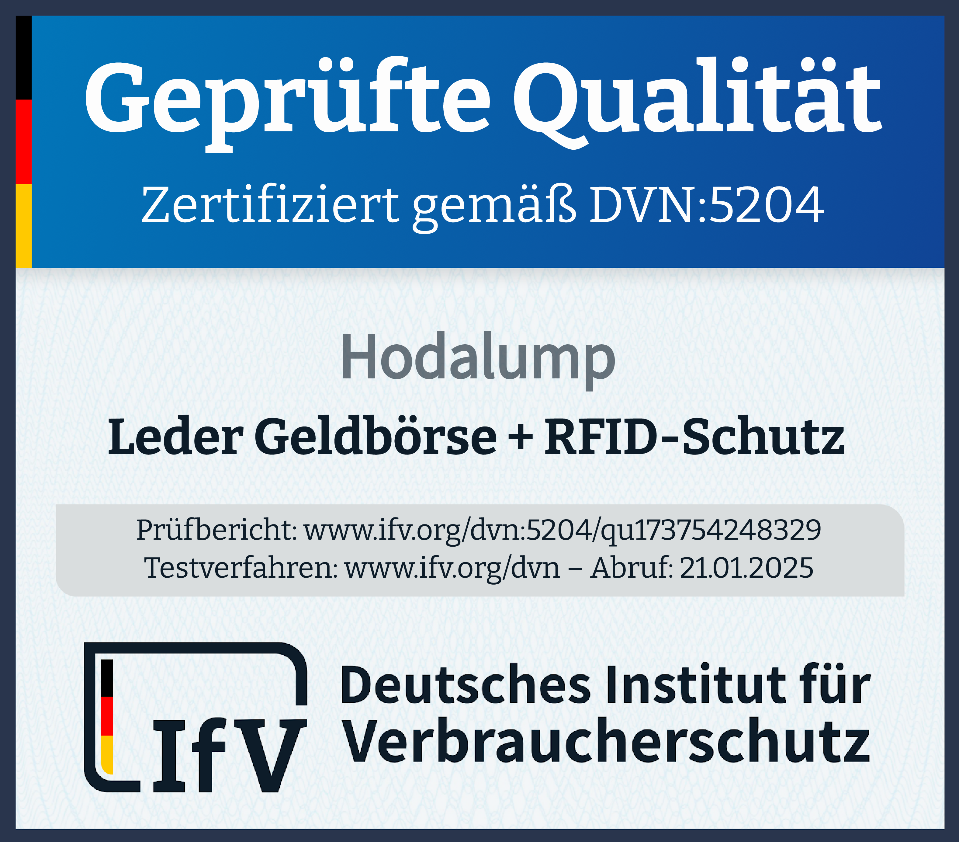 Zertifikat geprüfte Qualität für Hodalump Lederhose aus Ziegenleder nach DVN:5204.