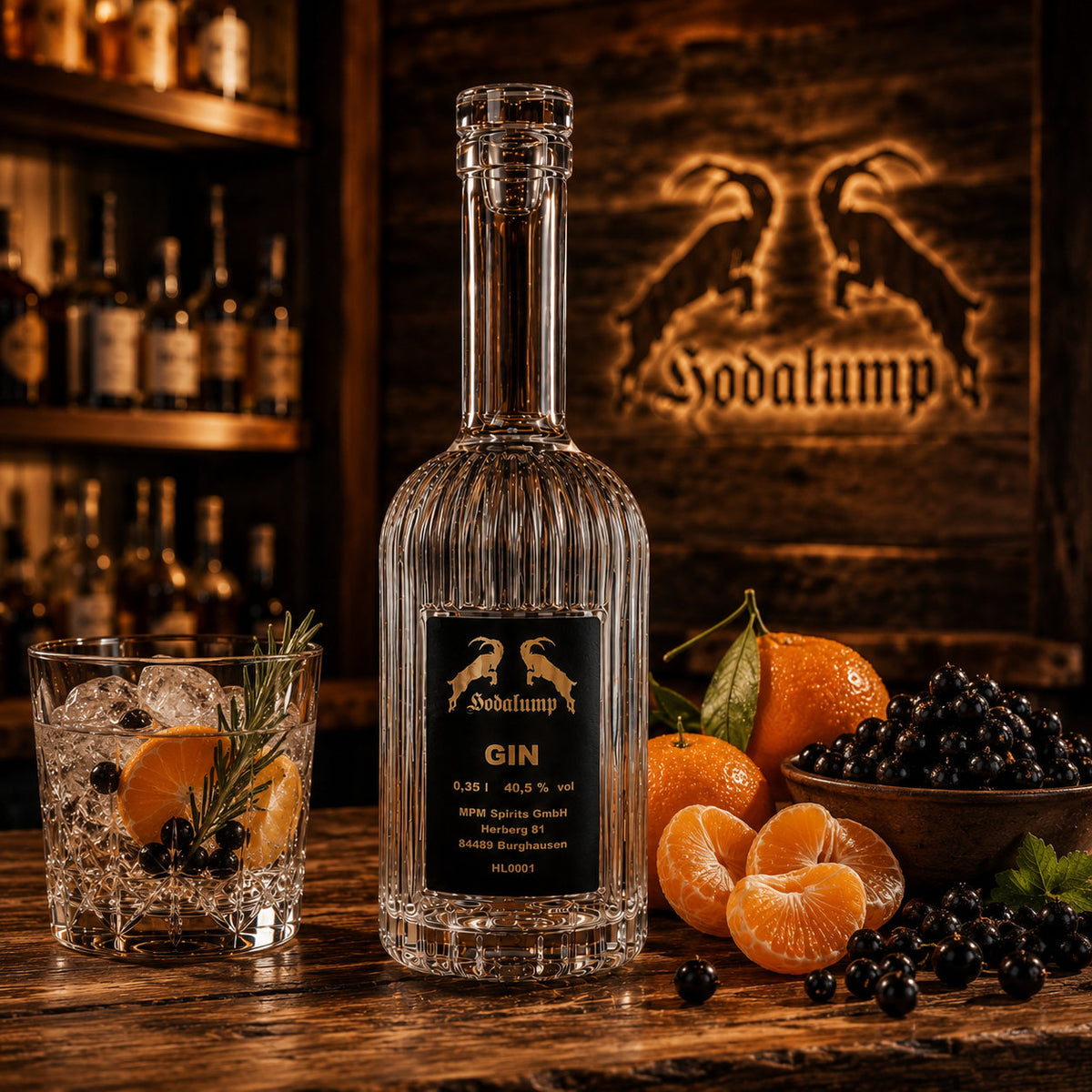 Hodalump GIN Serie 1 Flasche mit Gin Tonic, Mandarinen und Beeren auf Holztisch
